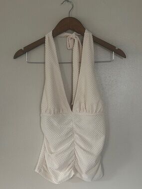 Anthropologie Porridge Ivory Swiss Dot Halter Top XS NWT Ruched Deep V Neck